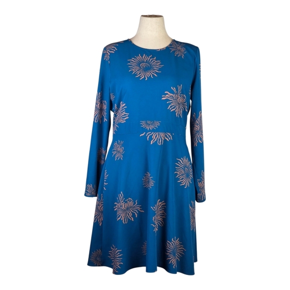 LOFT Blue Floral Long Sleeve A-Line Dress Size 12 Abstract Print Work - Picture 1 of 9